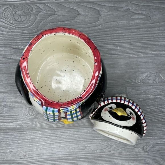 Julie Ueland penguin Christmas winter cookie jar with scarf - Picture 3 of 6